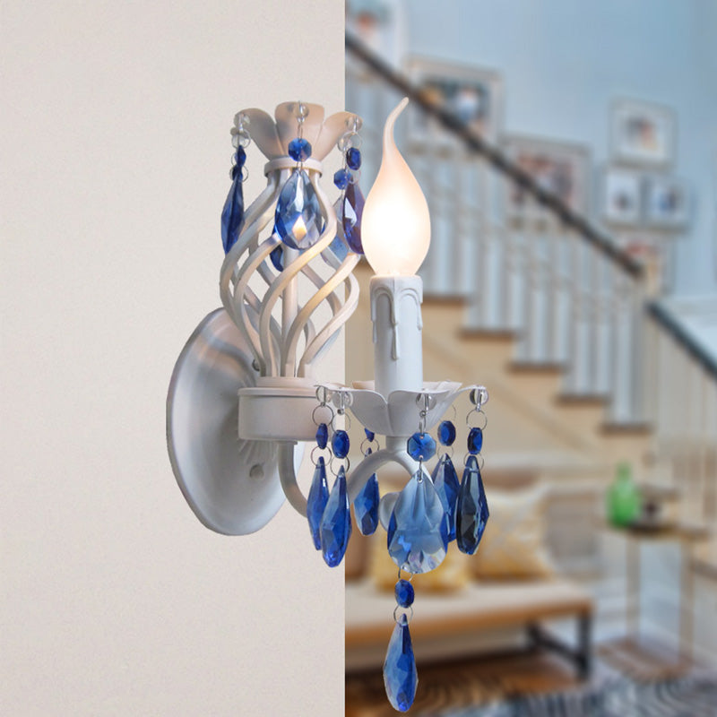 Metal Exposed Bulb Wall Light Modern Stylish 1 Bulb White Wall Mount Lamp with Blue Crystal Draping White Clearhalo 'Modern wall lights' 'Modern' 'Wall Lamps & Sconces' 'Wall Lights' Lighting' 224564