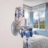 Metal Exposed Bulb Wall Light Modern Stylish 1 Bulb White Wall Mount Lamp with Blue Crystal Draping Clearhalo 'Modern wall lights' 'Modern' 'Wall Lamps & Sconces' 'Wall Lights' Lighting' 224565