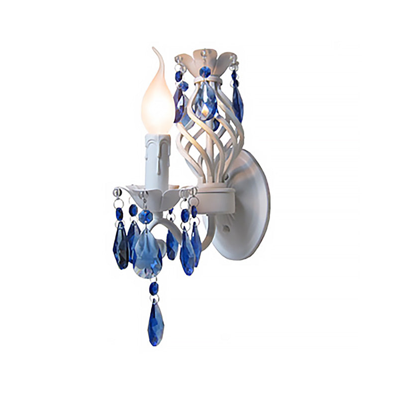 Metal Exposed Bulb Wall Light Modern Stylish 1 Bulb White Wall Mount Lamp with Blue Crystal Draping Clearhalo 'Modern wall lights' 'Modern' 'Wall Lamps & Sconces' 'Wall Lights' Lighting' 224566