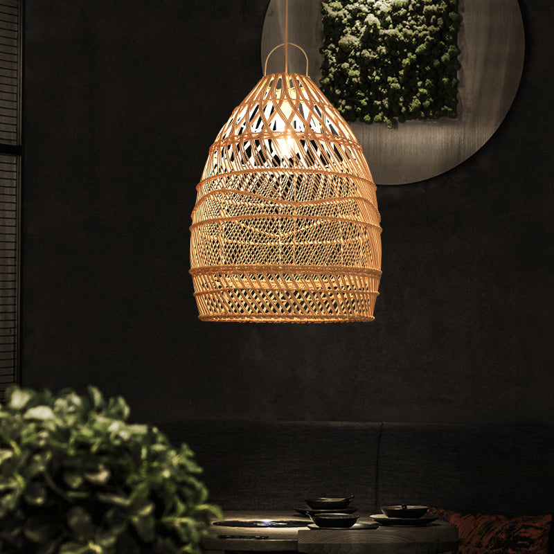 Asian Style Elongated Suspension Lighting Rattan 1 Head Restaurant Pendant Ceiling Light in Wood Clearhalo 'Ceiling Lights' 'Lighting' 'Pendant Lights' 2245711_4763d113-5fd6-4dff-a879-cf219141db78