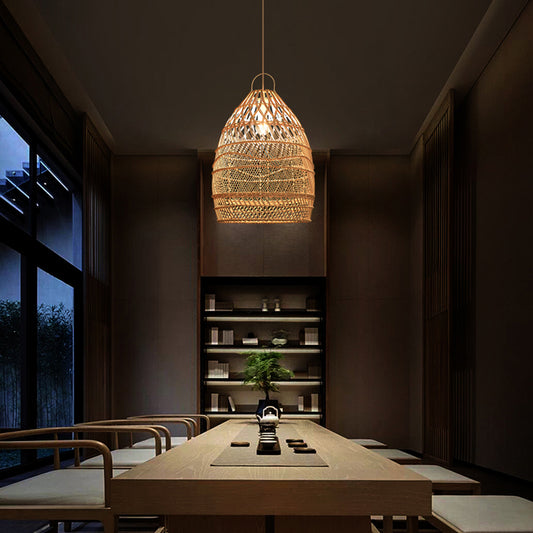 Asian Style Elongated Suspension Lighting Rattan 1��Head Restaurant Pendant Ceiling Light in Wood Clearhalo 'Ceiling Lights' 'Pendant Lights' 'Pendants' Lighting' 2245712