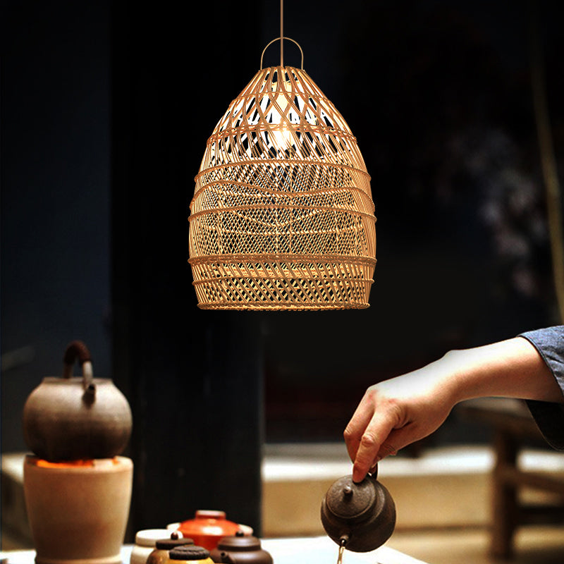 Asian Style Elongated Suspension Lighting Rattan 1 Head Restaurant Pendant Ceiling Light in Wood Clearhalo 'Ceiling Lights' 'Lighting' 'Pendant Lights' 2245713_475b7a82-acde-47fd-bc8f-1136431e75da