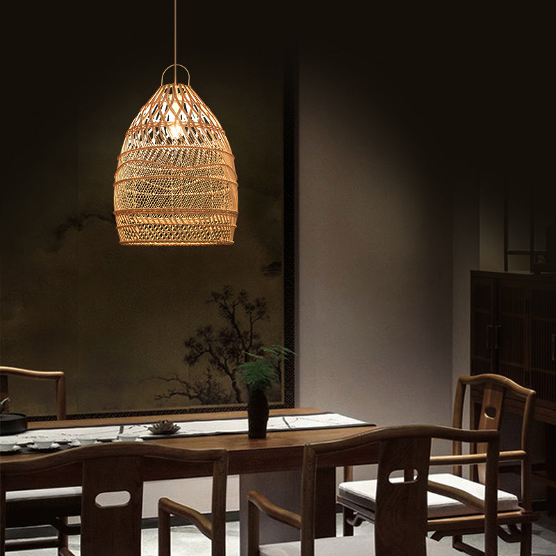 Asian Style Elongated Suspension Lighting Rattan 1 Head Restaurant Pendant Ceiling Light in Wood Clearhalo 'Ceiling Lights' 'Lighting' 'Pendant Lights' 2245714_f77f48d7-68b4-4ca0-889b-d3114bc742b9