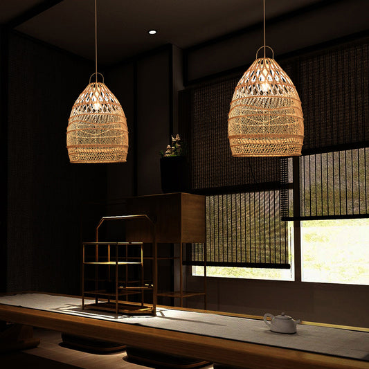 Asian Style Elongated Suspension Lighting Rattan 1 Head Restaurant Pendant Ceiling Light in Wood Clearhalo 'Ceiling Lights' 'Lighting' 'Pendant Lights' 2245715_82eadb24-f4b3-4c48-8024-a104c7db2b8a
