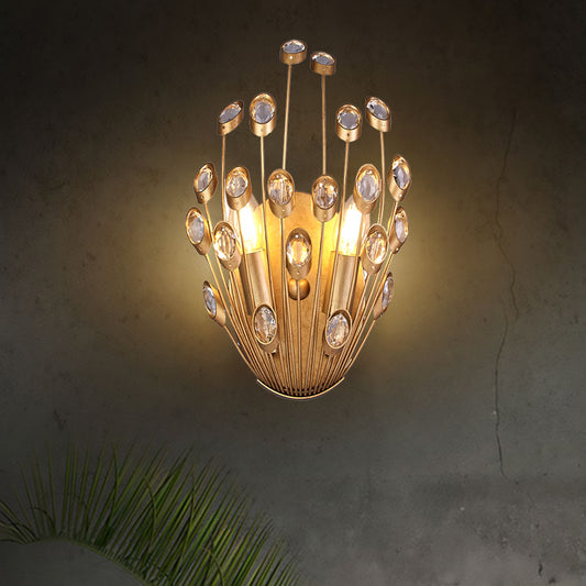 Open Bulb Wall Mounted Lamp Vintage Style Clear Crystal 2 Heads Brass Wall Lighting with Peacock Tail Design Brass Clearhalo 'Modern wall lights' 'Modern' 'Wall Lamps & Sconces' 'Wall Lights' Lighting' 224583