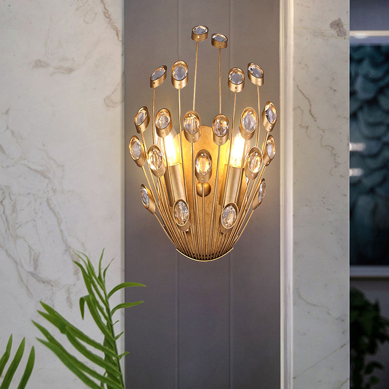 Open Bulb Wall Mounted Lamp Vintage Style Clear Crystal 2 Heads Brass Wall Lighting with Peacock Tail Design Clearhalo 'Modern wall lights' 'Modern' 'Wall Lamps & Sconces' 'Wall Lights' Lighting' 224584