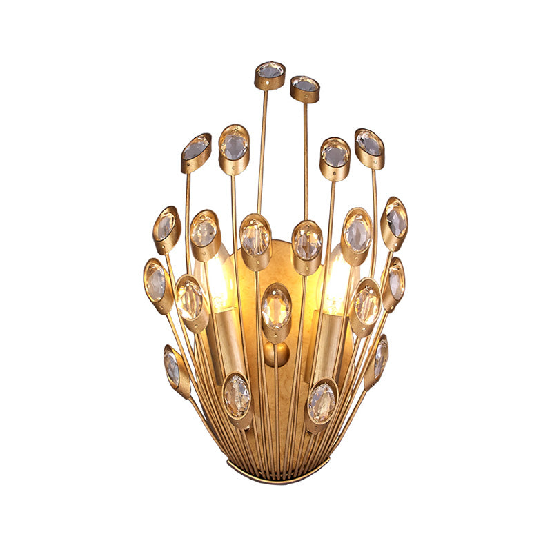 Open Bulb Wall Mounted Lamp Vintage Style Clear Crystal 2 Heads Brass Wall Lighting with Peacock Tail Design Clearhalo 'Modern wall lights' 'Modern' 'Wall Lamps & Sconces' 'Wall Lights' Lighting' 224585