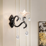 Scalloped Edge Wall Lamp Modern Style Clear Crystal 1/2-Bulb Corridor Sconce Light Fixture with Curved Arm in Black 1.0 Black Clearhalo 'Modern wall lights' 'Modern' 'Wall Lamps & Sconces' 'Wall Lights' Lighting' 224592