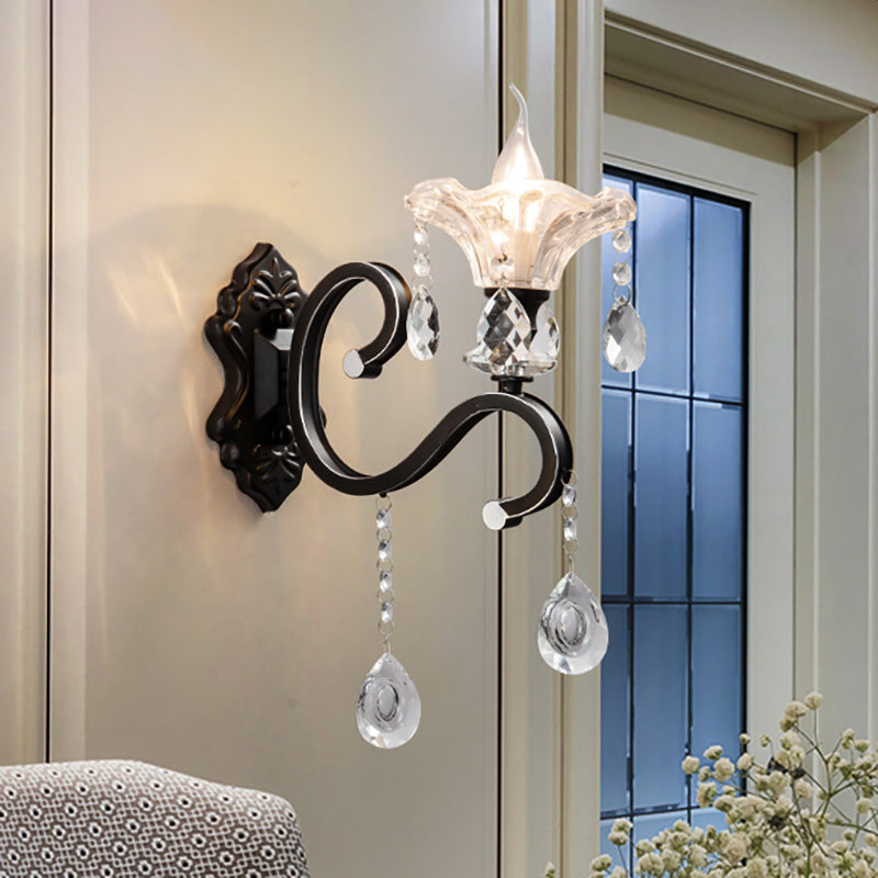 Scalloped Edge Wall Lamp Modern Style Clear Crystal 1/2-Bulb Corridor Sconce Light Fixture with Curved Arm in Black Clearhalo 'Modern wall lights' 'Modern' 'Wall Lamps & Sconces' 'Wall Lights' Lighting' 224593