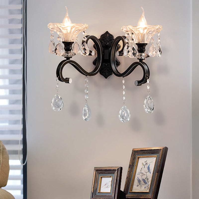 Scalloped Edge Wall Lamp Modern Style Clear Crystal 1/2-Bulb Corridor Sconce Light Fixture with Curved Arm in Black 2.0 Black Clearhalo 'Modern wall lights' 'Modern' 'Wall Lamps & Sconces' 'Wall Lights' Lighting' 224596