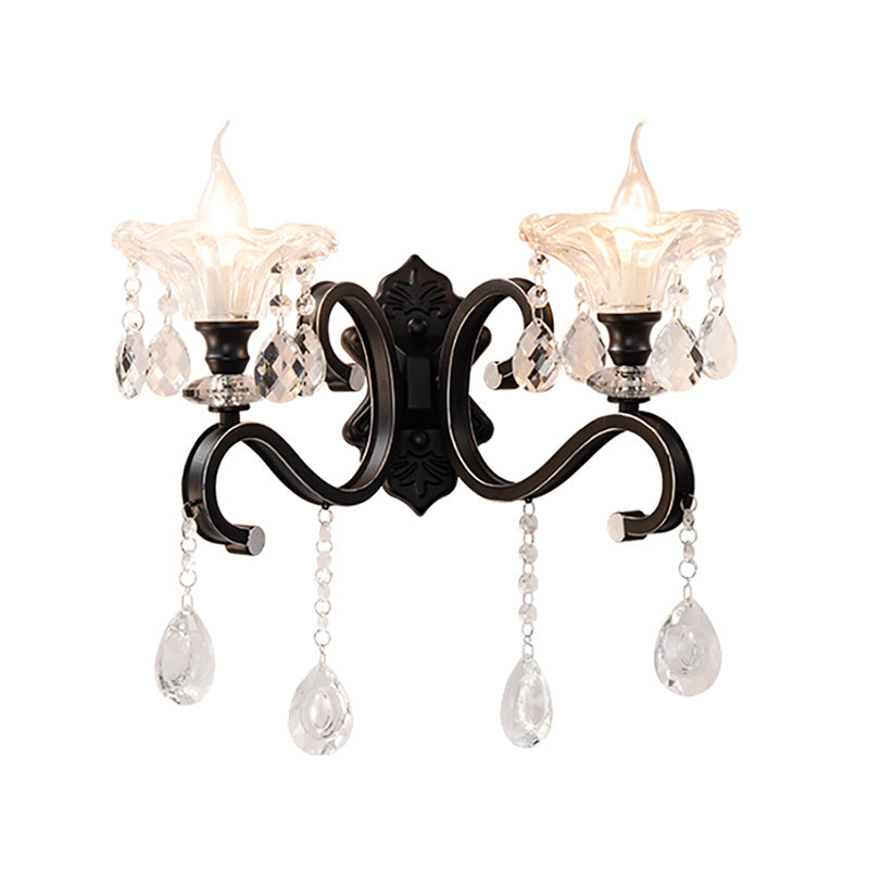 Scalloped Edge Wall Lamp Modern Style Clear Crystal 1/2-Bulb Corridor Sconce Light Fixture with Curved Arm in Black Clearhalo 'Modern wall lights' 'Modern' 'Wall Lamps & Sconces' 'Wall Lights' Lighting' 224597