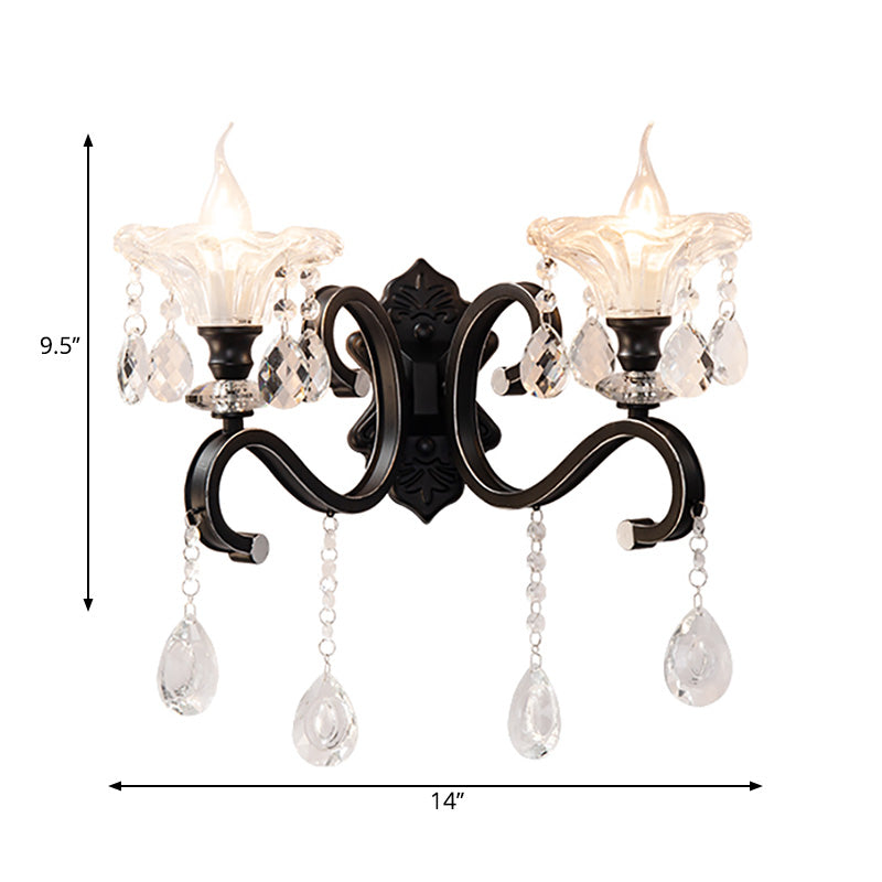 Scalloped Edge Wall Lamp Modern Style Clear Crystal 1/2-Bulb Corridor Sconce Light Fixture with Curved Arm in Black Clearhalo 'Modern wall lights' 'Modern' 'Wall Lamps & Sconces' 'Wall Lights' Lighting' 224598