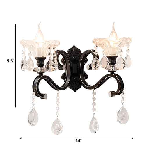 Scalloped Edge Wall Lamp Modern Style Clear Crystal 1/2-Bulb Corridor Sconce Light Fixture with Curved Arm in Black Clearhalo 'Modern wall lights' 'Modern' 'Wall Lamps & Sconces' 'Wall Lights' Lighting' 224598