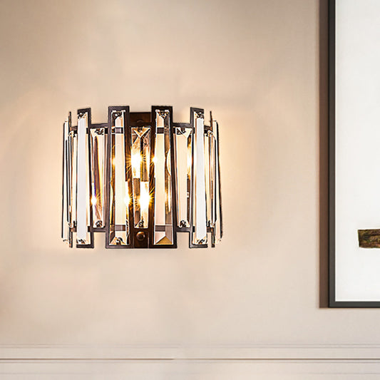 Drum Shape Sconce Light Fixture Modernist Clear Crystal 2 Lights Black Finish Wall Lamp for Corridor Black Clearhalo 'Cast Iron' 'Glass' 'Industrial' 'Modern wall lights' 'Modern' 'Tiffany' 'Traditional wall lights' 'Wall Lamps & Sconces' 'Wall Lights' Lighting' 224603