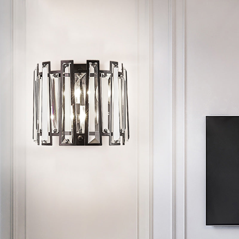 Drum Shape Sconce Light Fixture Modernist Clear Crystal 2 Lights Black Finish Wall Lamp for Corridor Clearhalo 'Cast Iron' 'Glass' 'Industrial' 'Modern wall lights' 'Modern' 'Tiffany' 'Traditional wall lights' 'Wall Lamps & Sconces' 'Wall Lights' Lighting' 224604