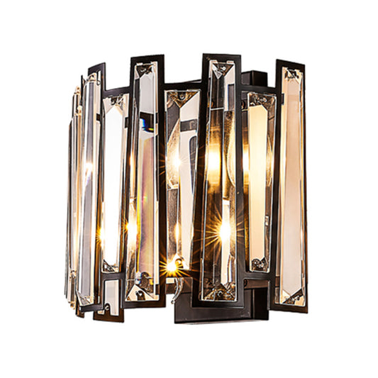 Drum Shape Sconce Light Fixture Modernist Clear Crystal 2 Lights Black Finish Wall Lamp for Corridor Clearhalo 'Cast Iron' 'Glass' 'Industrial' 'Modern wall lights' 'Modern' 'Tiffany' 'Traditional wall lights' 'Wall Lamps & Sconces' 'Wall Lights' Lighting' 224605