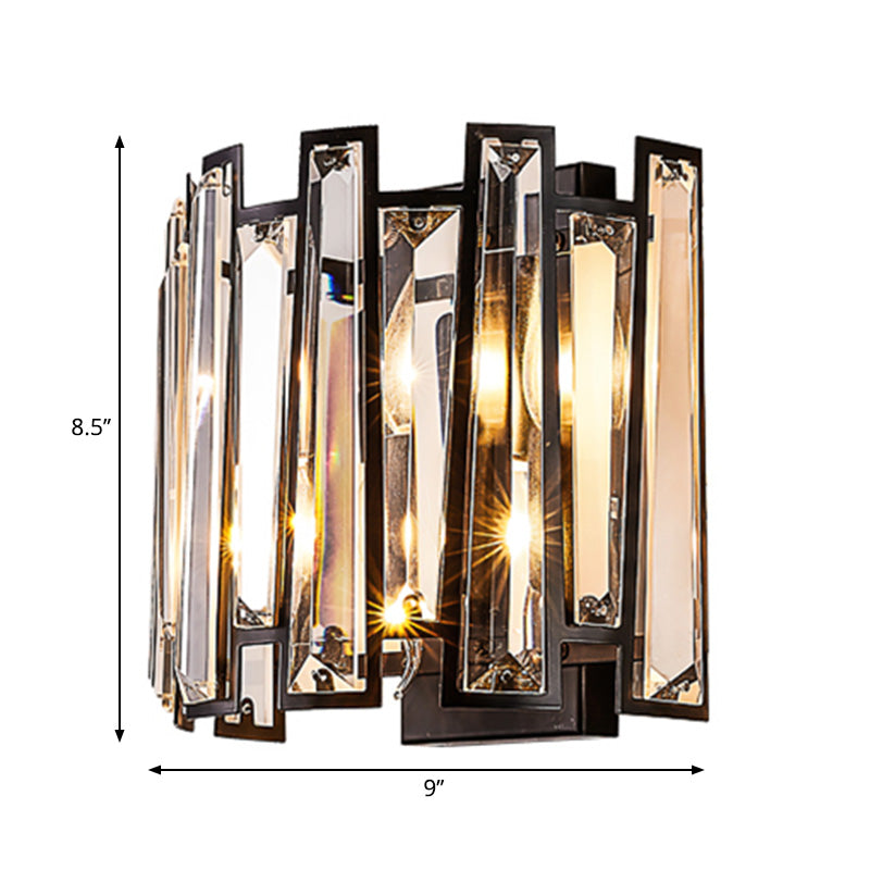 Drum Shape Sconce Light Fixture Modernist Clear Crystal 2 Lights Black Finish Wall Lamp for Corridor Clearhalo 'Cast Iron' 'Glass' 'Industrial' 'Modern wall lights' 'Modern' 'Tiffany' 'Traditional wall lights' 'Wall Lamps & Sconces' 'Wall Lights' Lighting' 224606