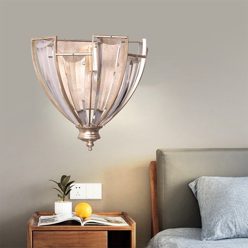 Bowl Shape Wall Sconce Vintage Style Clear Crystal 1 Bulb Bedroom Wall Lighting in Gold Finish Gold Clearhalo 'Modern wall lights' 'Modern' 'Wall Lamps & Sconces' 'Wall Lights' Lighting' 224611