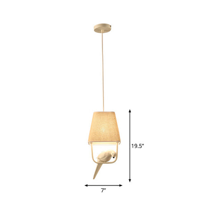 Trapezoid Fabric Pendant Light Traditional Dining Room Suspension Light Fixture with Resin Bird in Beige 1 Beige Clearhalo 'Ceiling Lights' 'Pendant Lights' 'Pendants' Lighting' 2246210_e933a5ac-b771-4bf0-85f0-a6c085412116