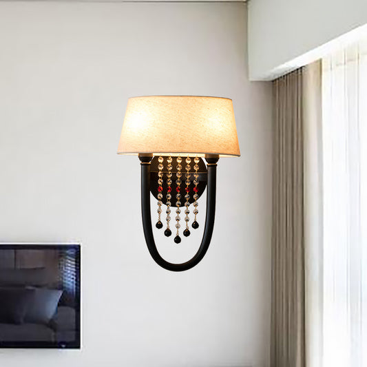 Fabric Drum Wall Lighting Lodge Style 2 Bulbs Corridor Sconce Lamp with Crystal Bead and U-Shaped Arm in Black Black Clearhalo 'Modern wall lights' 'Modern' 'Wall Lamps & Sconces' 'Wall Lights' Lighting' 224623