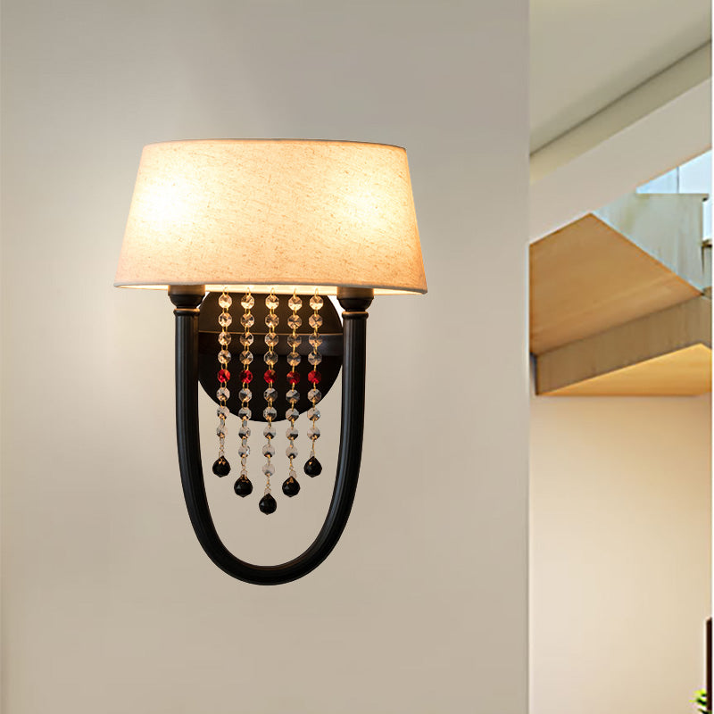 Fabric Drum Wall Lighting Lodge Style 2 Bulbs Corridor Sconce Lamp with Crystal Bead and U-Shaped Arm in Black Clearhalo 'Modern wall lights' 'Modern' 'Wall Lamps & Sconces' 'Wall Lights' Lighting' 224624