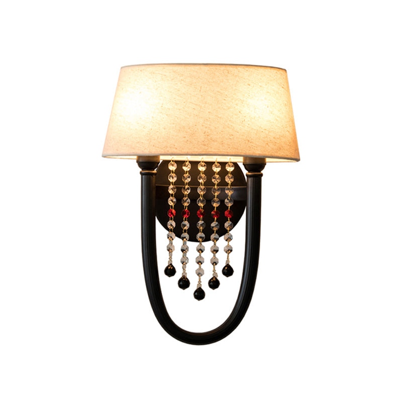 Fabric Drum Wall Lighting Lodge Style 2 Bulbs Corridor Sconce Lamp with Crystal Bead and U-Shaped Arm in Black Clearhalo 'Modern wall lights' 'Modern' 'Wall Lamps & Sconces' 'Wall Lights' Lighting' 224625