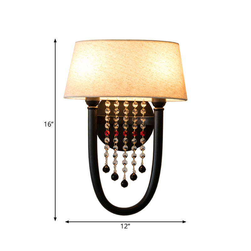 Fabric Drum Wall Lighting Lodge Style 2 Bulbs Corridor Sconce Lamp with Crystal Bead and U-Shaped Arm in Black Clearhalo 'Modern wall lights' 'Modern' 'Wall Lamps & Sconces' 'Wall Lights' Lighting' 224626