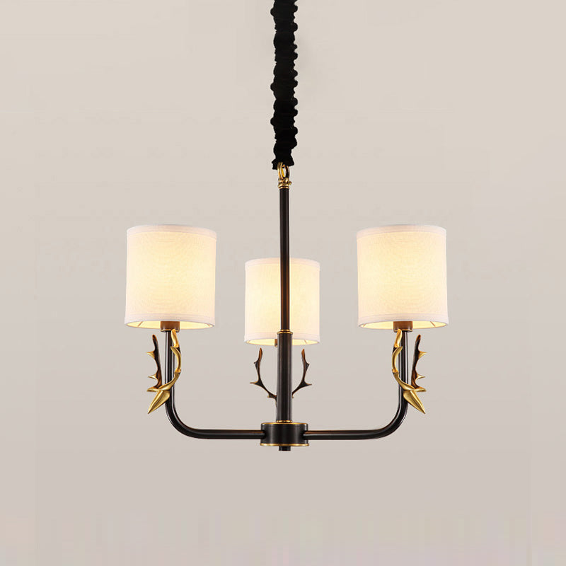 Cylindrical Fabric Chandelier Pendant Light Vintage Living Room Hanging Light with Deer Accent 3 Black Clearhalo 'Ceiling Lights' 'Chandeliers' Lighting' options 2246271_0c377b53-85fa-4eeb-abee-1c5fc4dbd28b