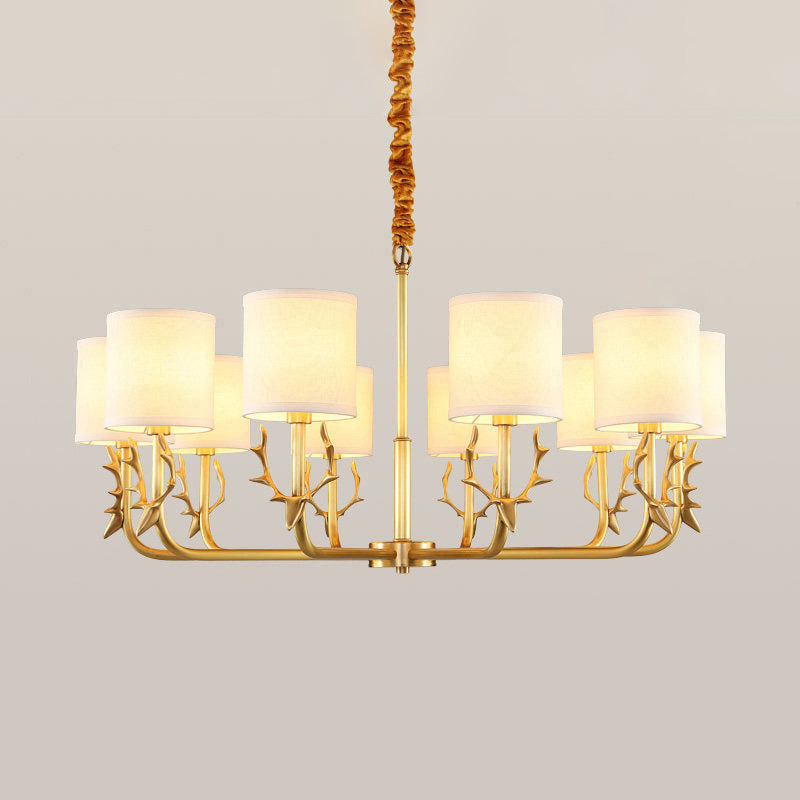 Cylindrical Fabric Chandelier Pendant Light Vintage Living Room Hanging Light with Deer Accent 10 Gold Clearhalo 'Ceiling Lights' 'Chandeliers' Lighting' options 2246275_06f34a56-99b5-422b-bdb4-89d52f2bb9ee