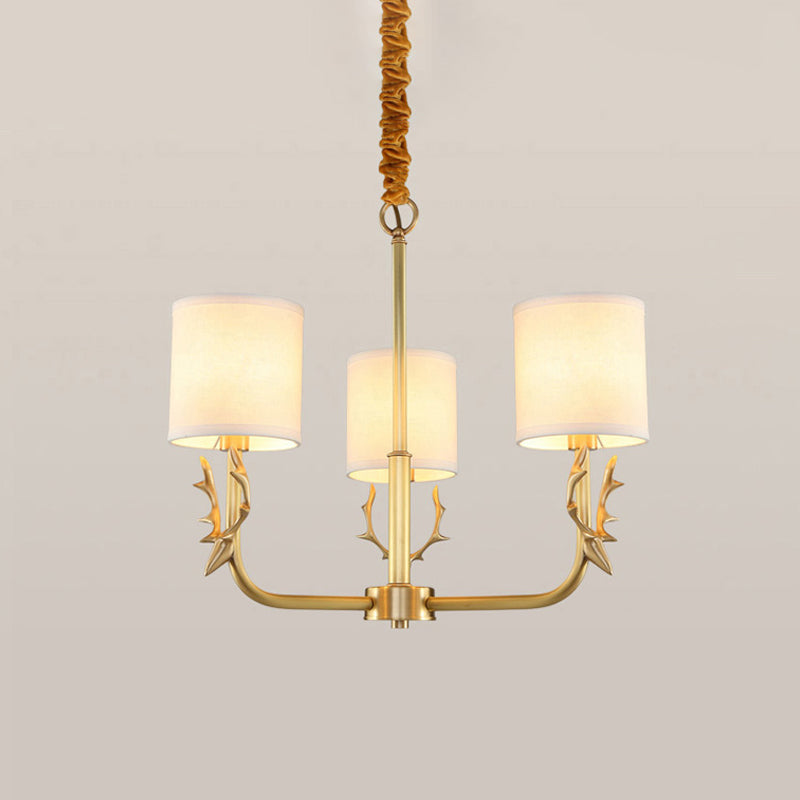 Cylindrical Fabric Chandelier Pendant Light Vintage Living Room Hanging Light with Deer Accent 3 Gold Clearhalo 'Ceiling Lights' 'Chandeliers' Lighting' options 2246277_04cfbcfe-ef15-43ee-813a-00a712f0afdb