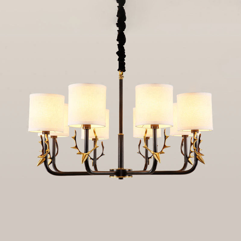 Cylindrical Fabric Chandelier Pendant Light Vintage Living Room Hanging Light with Deer Accent 8 Black Clearhalo 'Ceiling Lights' 'Chandeliers' Lighting' options 2246278_5415c6cf-3b7f-4527-9cfe-9803fed27367