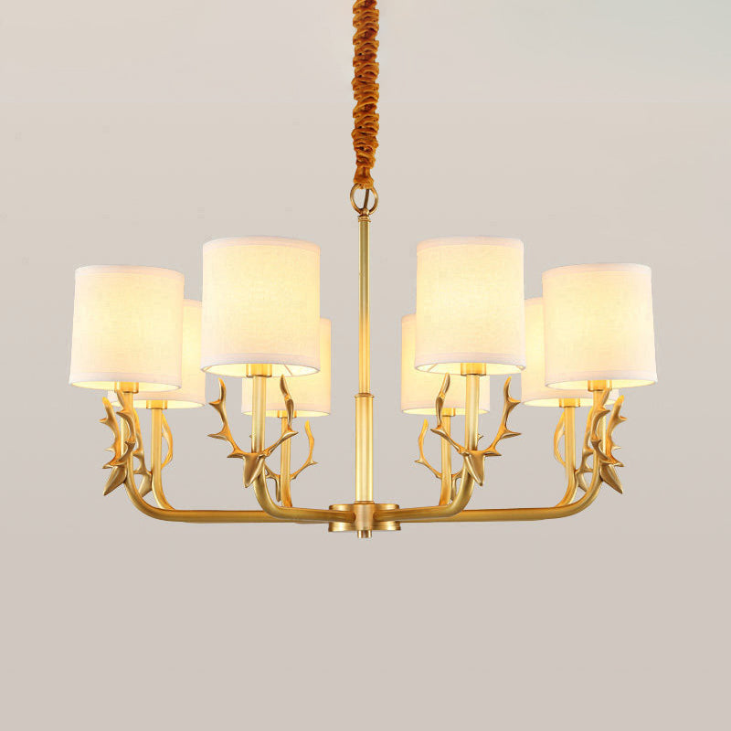 Cylindrical Fabric Chandelier Pendant Light Vintage Living Room Hanging Light with Deer Accent Clearhalo 'Ceiling Lights' 'Chandeliers' Lighting' options 2246279