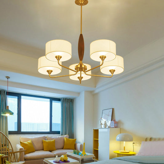 Fabric Drum Chandelier Light Minimalism Living Room Pendant Light Fixture in Brass Clearhalo 'Ceiling Lights' 'Chandeliers' Lighting' options 2246283