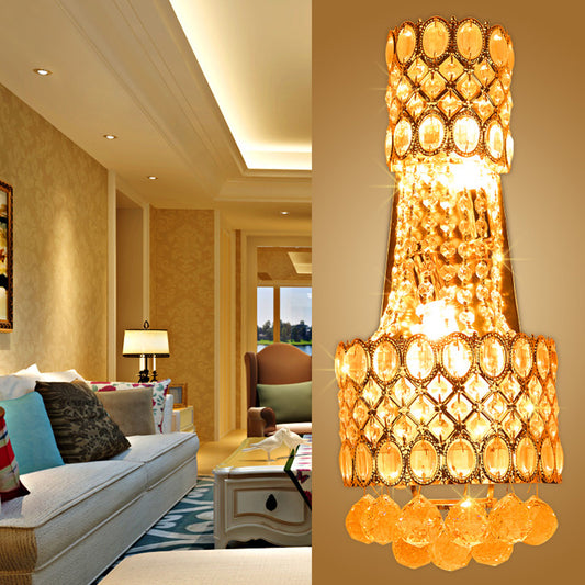 Beaded Wall Mount Light Vintage Metal 2 Bulbs Gold Wall Sconce with Cascading Clear Crystal Accents for Hallway Gold Clearhalo 'Modern wall lights' 'Modern' 'Wall Lamps & Sconces' 'Wall Lights' Lighting' 224628