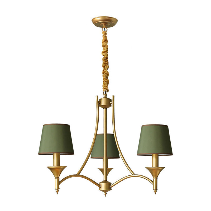 Minimalism Candlestick Chandelier Light Metallic Pendant Light Fixture with Tapered Fabric Shade 3 Green Clearhalo 'Ceiling Lights' 'Chandeliers' Lighting' options 2246326_6d113cfe-2b11-4954-93da-888145a36532