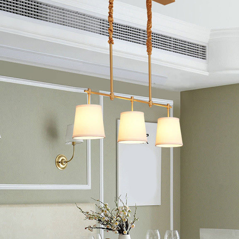 Retro Style Bucket Island Pendant Light 3 Heads Fabric Ceiling Light in Brass for Restaurant Brass Clearhalo 'Ceiling Lights' 'Island Lights' Lighting' 2246376