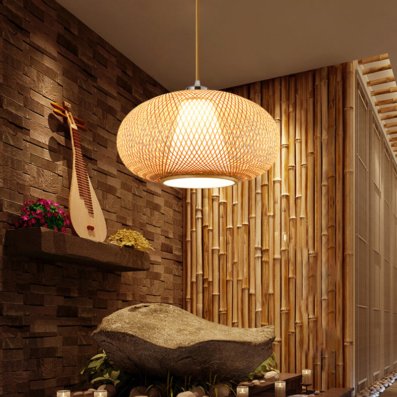 Rounded Drum Bamboo Suspension Lighting Minimalist 1 Head Wood Pendant Ceiling Light Clearhalo 'Ceiling Lights' 'Lighting' 'Pendant Lights' 2246608_4e341521-a19b-4beb-9d54-e275130f37d2