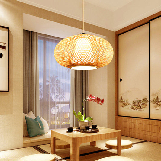 Rounded Drum Bamboo Suspension Lighting Minimalist 1 Head Wood Pendant Ceiling Light Clearhalo 'Ceiling Lights' 'Lighting' 'Pendant Lights' 2246609_79d88e43-2d05-4a44-91d3-e46d98007c24