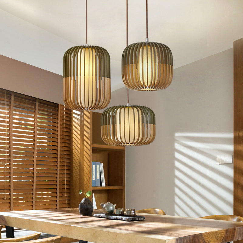 Asian Style Bird Cage Ceiling Light Wood Single Restaurant Hanging Light in Yellow-Green Clearhalo 'Ceiling Lights' 'Pendant Lights' 'Pendants' Lighting' 2246681