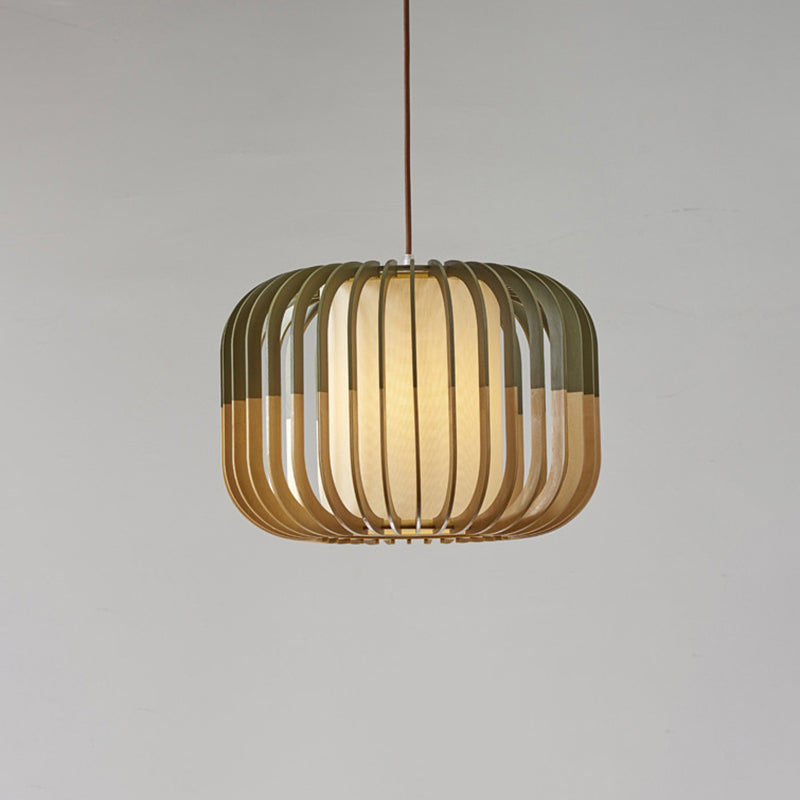 Asian Style Bird Cage Ceiling Light Wood Single Restaurant Hanging Light in Yellow-Green Clearhalo 'Ceiling Lights' 'Pendant Lights' 'Pendants' Lighting' 2246684