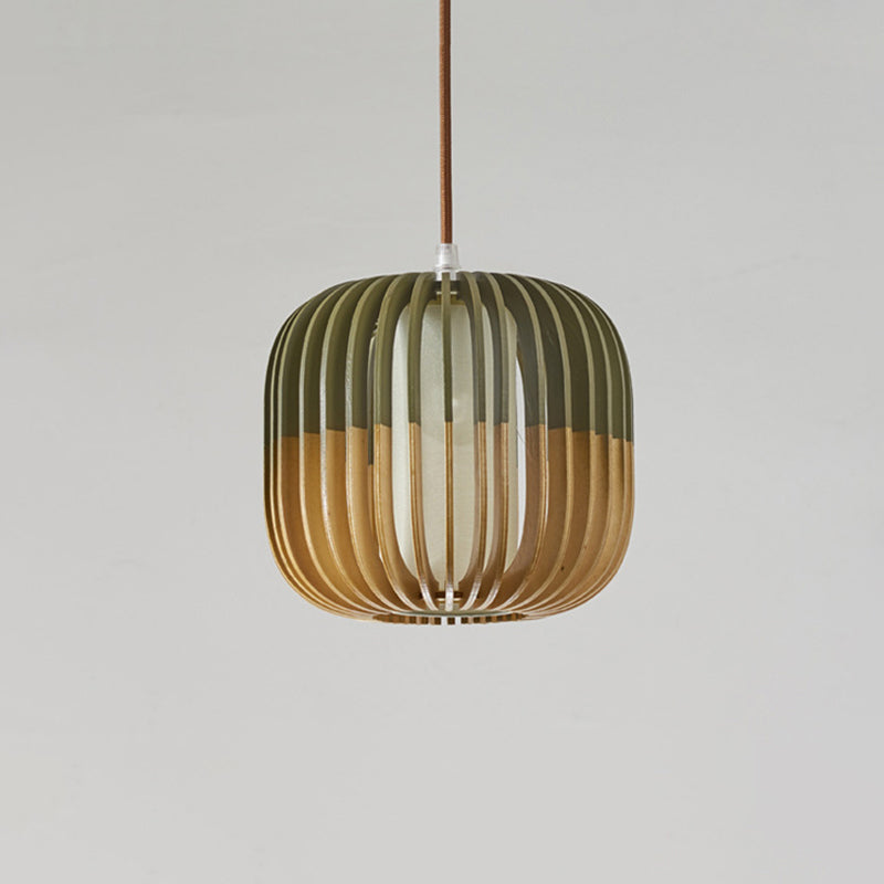 Asian Style Bird Cage Ceiling Light Wood Single Restaurant Hanging Light in Yellow-Green Yellow-Green A Clearhalo 'Ceiling Lights' 'Pendant Lights' 'Pendants' Lighting' 2246686_732f0e3c-1565-4403-9b94-30a3965d9ffc