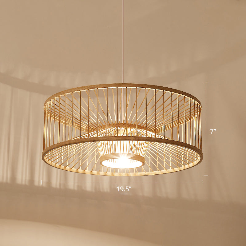 Drum Bamboo Pendant Lighting Contemporary Single-Bulb Wood Suspension Light Fixture Wood Clearhalo 'Ceiling Lights' 'Pendant Lights' 'Pendants' Lighting' 2246784_7ae64e7b-bda9-42cd-820f-0039baae3860