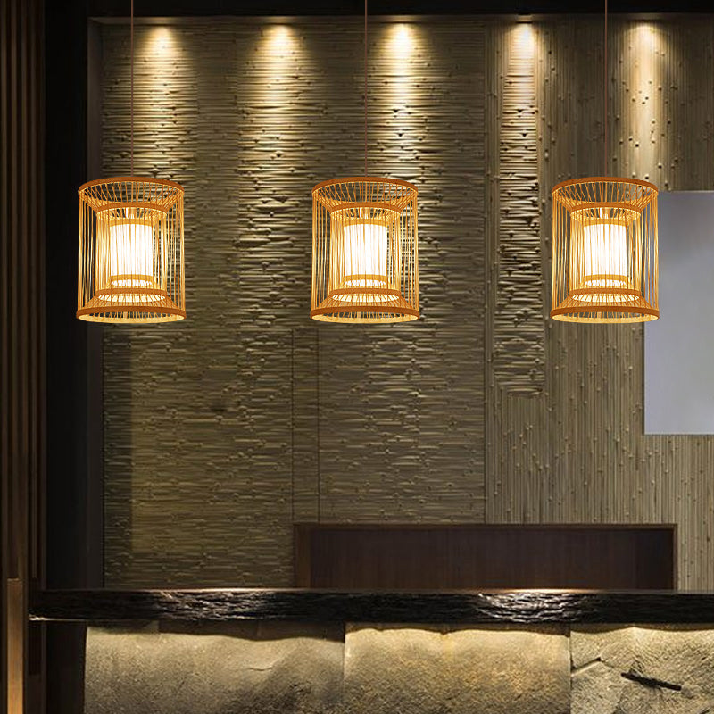 Cylindrical Suspension Light Simplicity Bamboo 1-Light Wood Pendant Light Fixture for Tea Room Clearhalo 'Ceiling Lights' 'Pendant Lights' 'Pendants' Lighting' 2246785