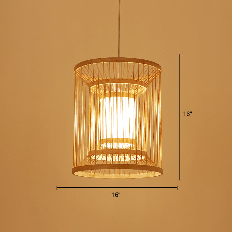 Cylindrical Suspension Light Simplicity Bamboo 1-Light Wood Pendant Light Fixture for Tea Room Wood 16" Clearhalo 'Ceiling Lights' 'Pendant Lights' 'Pendants' Lighting' 2246790_a53f3099-90e8-49cd-b9b5-8835f2e9f185