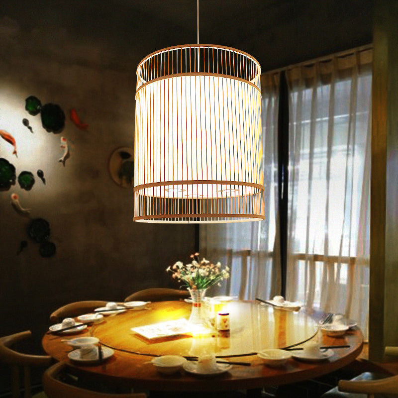 Wood Cylinder Ceiling Light Asian Style 1-Light Bamboo Hanging Light for Restaurant Clearhalo 'Ceiling Lights' 'Pendant Lights' 'Pendants' Lighting' 2246795