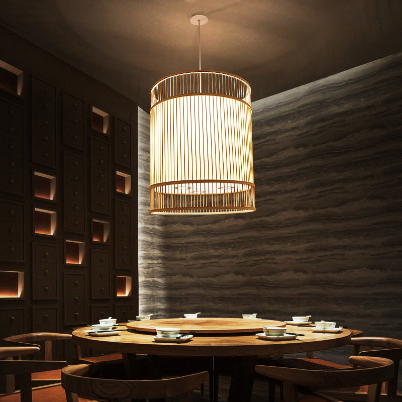 Wood Cylinder Ceiling Light Asian Style 1-Light Bamboo Hanging Light for Restaurant Clearhalo 'Ceiling Lights' 'Pendant Lights' 'Pendants' Lighting' 2246796