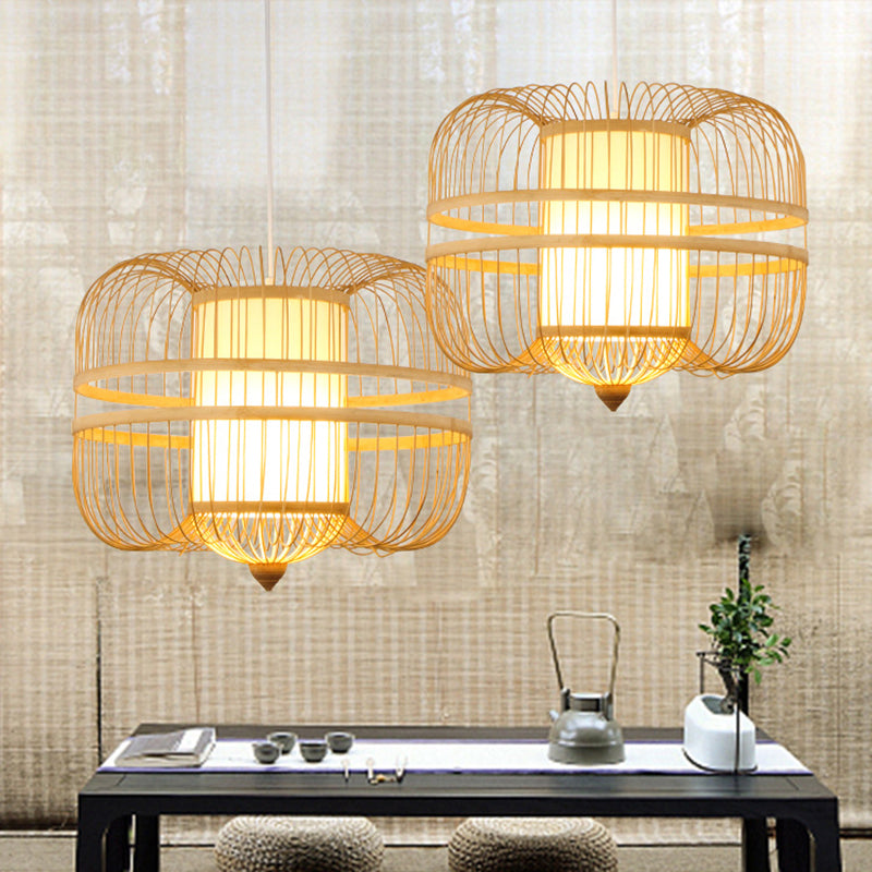 Bamboo Curved Drum Suspension Light Simplicity 1-Light Wood Pendant Light Fixture Clearhalo 'Ceiling Lights' 'Pendant Lights' 'Pendants' Lighting' 2246820