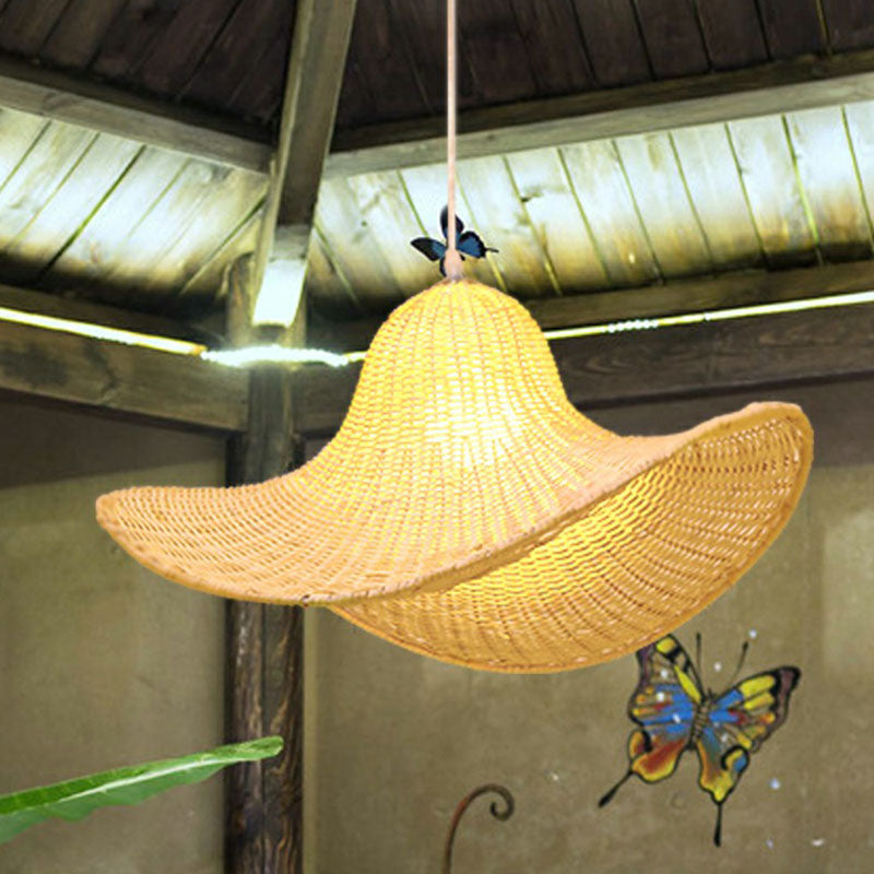 South-east Asia Straw Hat Ceiling Light Rattan Single Tea Room Hanging Pendant Light in Wood Clearhalo 'Ceiling Lights' 'Pendant Lights' 'Pendants' Lighting' 2246865