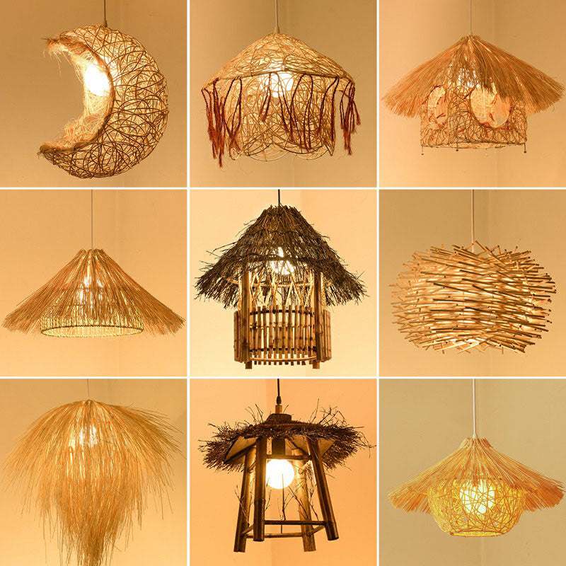 Bamboo Handmade Suspension Light Simplicity 1-Light Pendant Light Fixture in Wood Clearhalo 'Ceiling Lights' 'Pendant Lights' 'Pendants' Lighting' 2247014