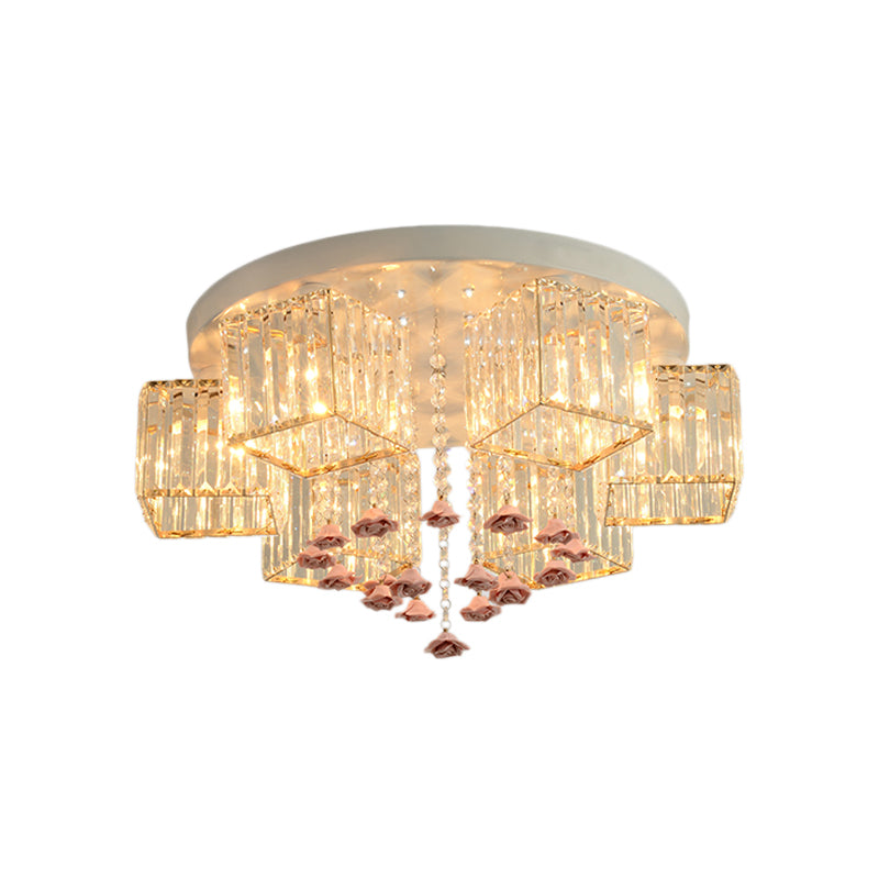 19.5"/23.5" Dia Modern Cubic Flush Light Crystal 5/6 Heads Living Room Ceiling Flush Mount with Pink Rose Draping Clearhalo 'Ceiling Lights' 'Close To Ceiling Lights' 'Close to ceiling' 'Flush mount' Lighting' 224703